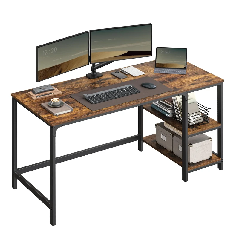 VASAGLE Computer Desk, Desk with 2 Shelves Left or Right, Work Desk for Office Room, Steel Frame, Industrial, Rustic Brown and Black LWD55X