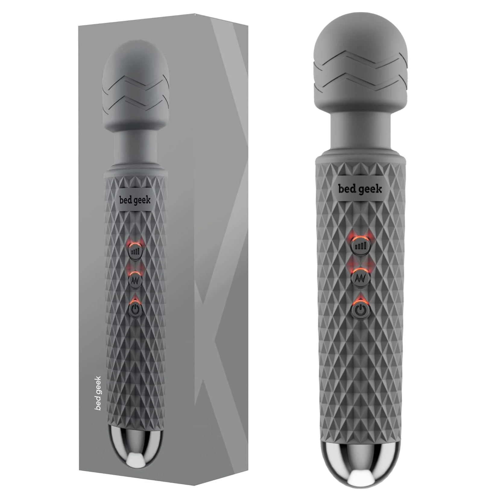 bed geek Handheld Wireless Personal Wand Massager – Waterproof, USB Rechargeable, 20 Vibration Patterns, 8 Speeds, Memory Feature, Skin-Soft Silicone for Ultimate Relaxation Massage Wand (Grey)