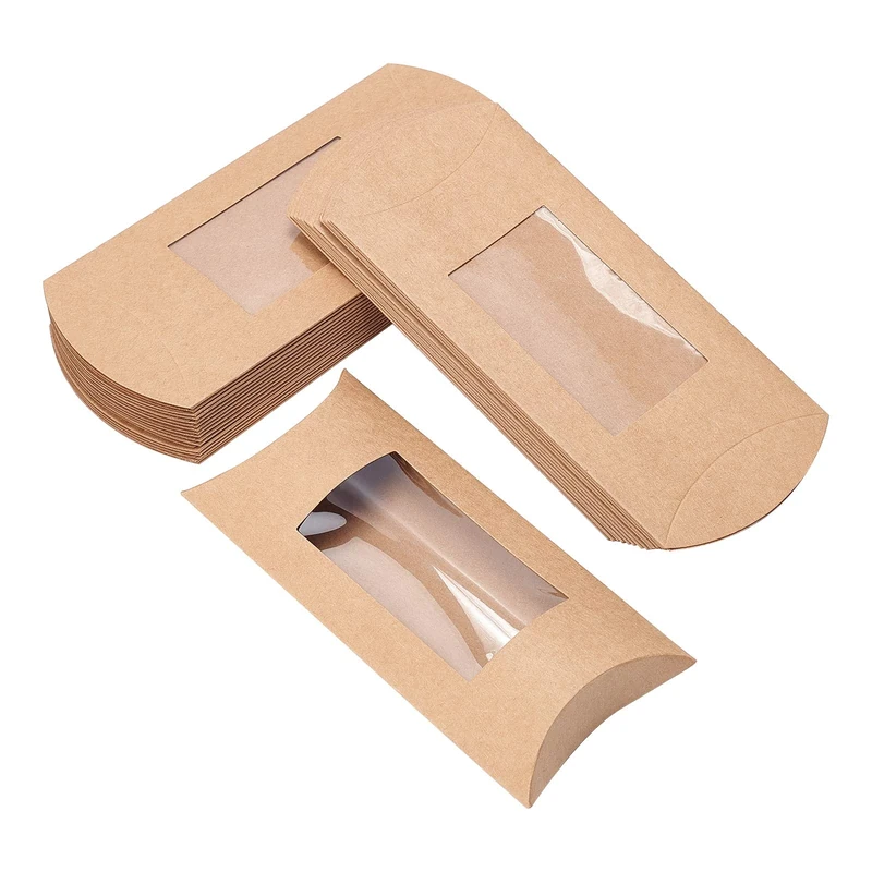 BENECREAT 30PCS 16x7.8x2.5cm Brown Kraft Paper Pillow Boxes with Clear Window, Candy Packaging Box Treat Box for Shower, Birthday and Wedding Party