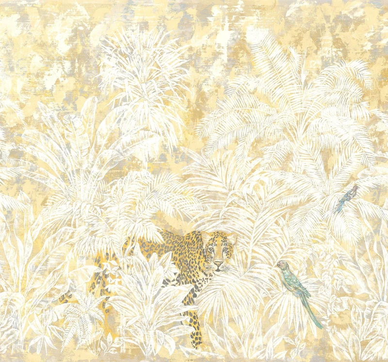 Komar Jungle Maze Non-Woven Photo Wallpaper for Living Room, Bedroom, Decoration, Jungle, Gold, Plant, Size: 300 x 280 cm (W x H), 6 Panels, Width 50 cm