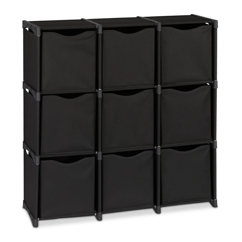 Relaxdays Boltless Shelving Unit with Fabric Boxes, 9 Compartments, H x W x D: 95 x 93 x 30 cm, Cube Shelving Unit for Pluging, Expandable, Black