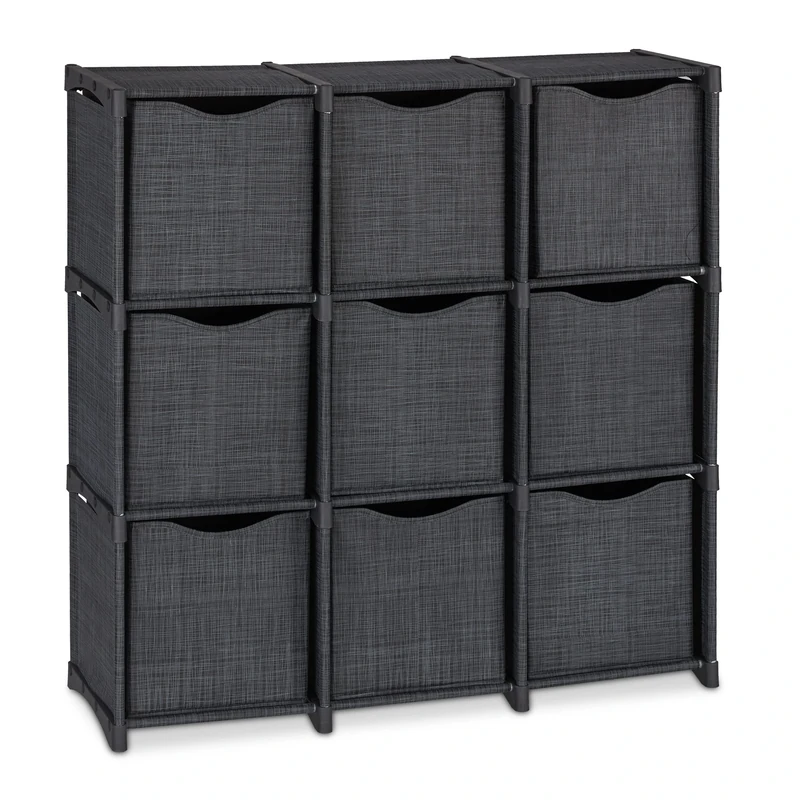 Relaxdays Boltless Shelf with Fabric Boxes, 9 Compartments, H x W x D: 95 x 93 x 30 cm, Cube Shelf for Stacking, Expandable, Anthracite