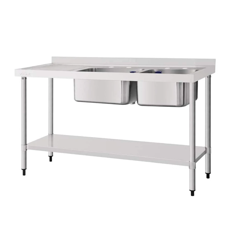Vogue Double Sink Left Hand Drainer 1800mm, Stainless Steel, Size: 1800(W) x 600(D) mm, Sink Dimensions: 400x400 and 500x400mm, Undershelf, Standpipe Included, Flat Packed Self Assembly | DY828