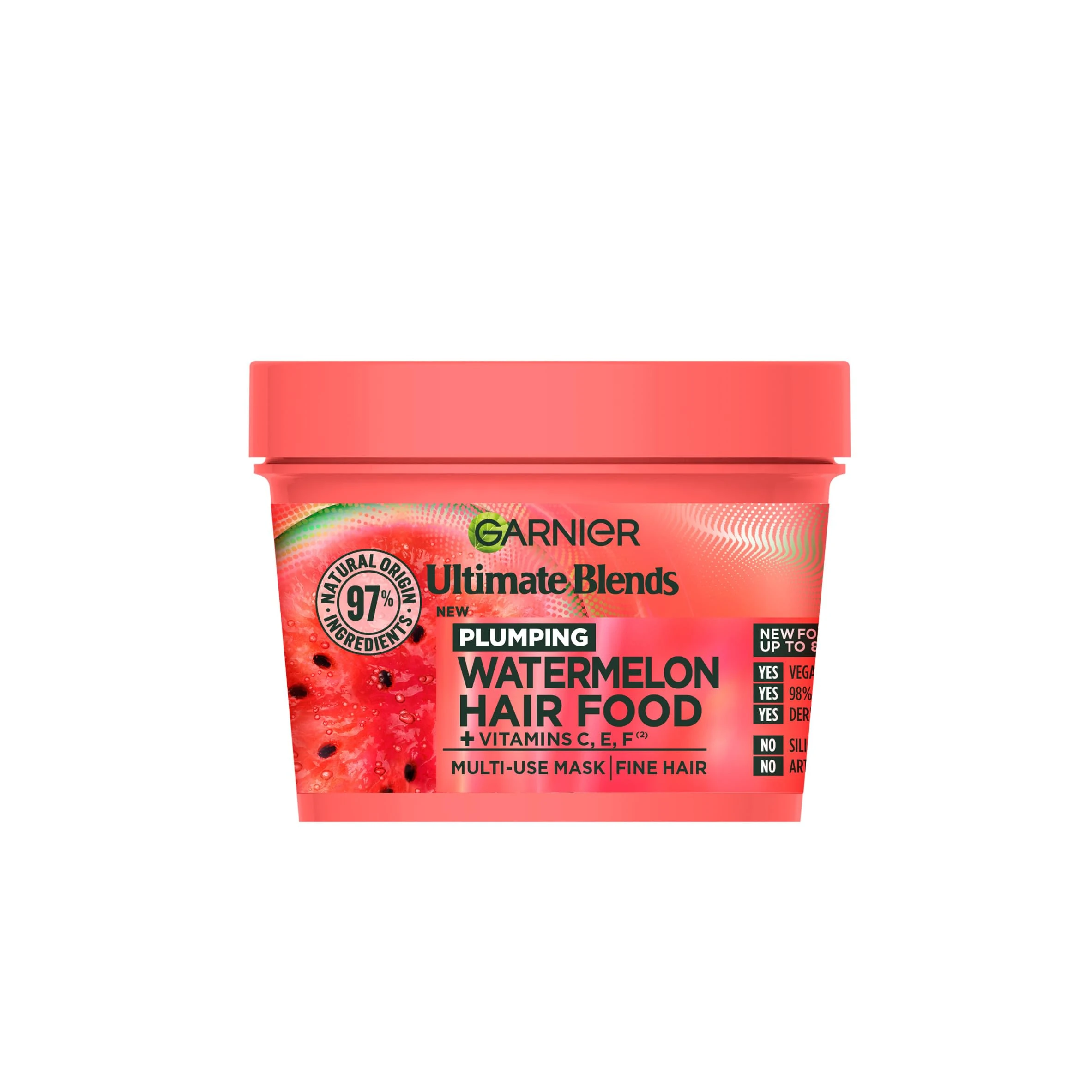 Garnier Hair Food 3-In-1 Fine Hair Treatment Mask, 4x More Plumped Hair, For Fine Hair, No Silicones, Vegan Formula, Watermelon, Ultimate Blends, 400ml (Packaging may vary)