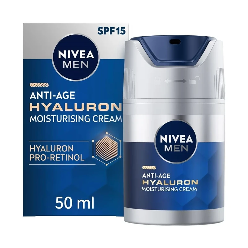 NIVEA MEN Anti-Age Hyaluron SPF15 Moisturising Cream (50ml), Anti-Wrinkle Face Cream with Hyaluronic Acid and Pro-Retinol, Visibly Reduces Deep Wrinkles and Firms Skin