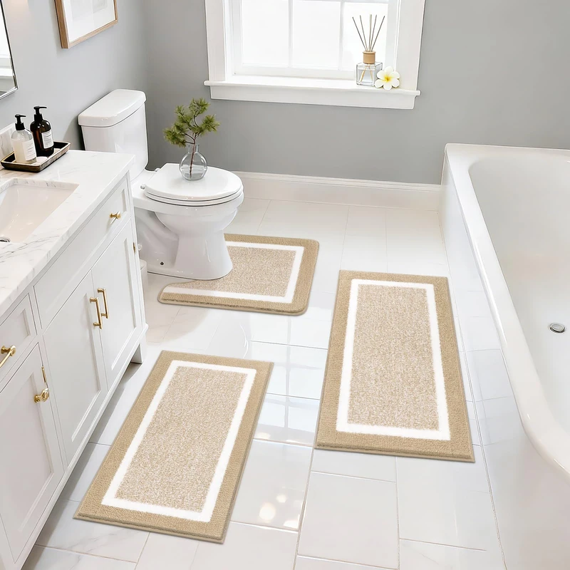 Pauwer Bathroom Rugs Sets 3 Piece Bathroom Shower Rugs with U-Shaped Contour Toilet Mat Absorbent Microfiber Plush Bath Mats Non Slip Bath Rugs Machine Washable Shaggy Bathroom Floor Mats
