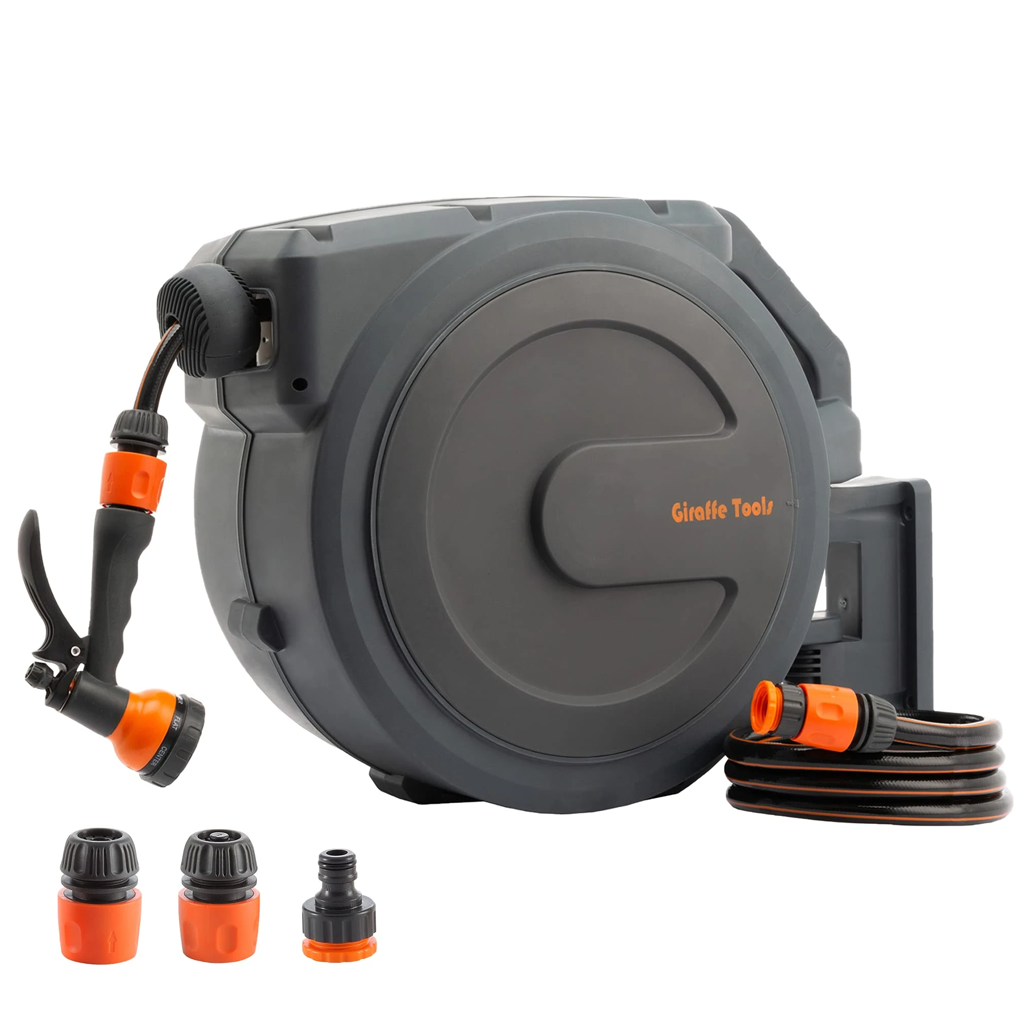Giraffe Tools Retractable Hose Reel Wall Mounted, 30+2m Garden Hose Reel, 180° Pivoting with 7 in 1 Spray Nozzle, Grey (EUAW-30)