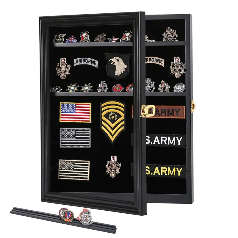 Military Challenge Coin Medals Pins Collector Display Case Lockable Wall Frame Wood Cabinet Black Shadow Box with Removable Shelves and Pinnable Background for Badges Patches Insignia Ribbons Brooches