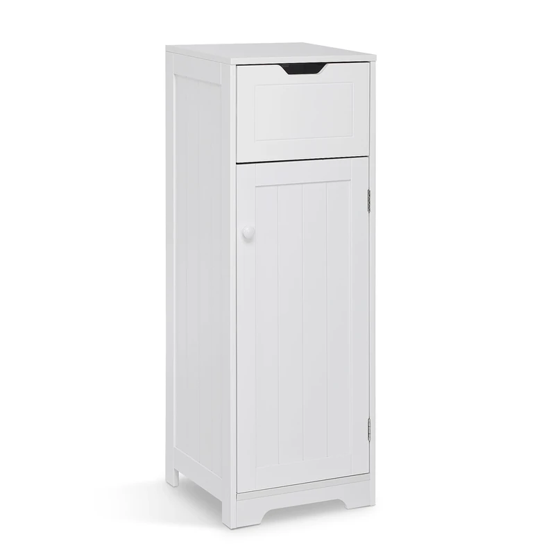 Mondeer Bathroom Floor Cabinet, Storage Unit With 1 Drawer 1 Door 2 Shelves, 32x30x87cm White MDF Painted Wood Free Standing Cupboard for Bathroom Living Room Porch