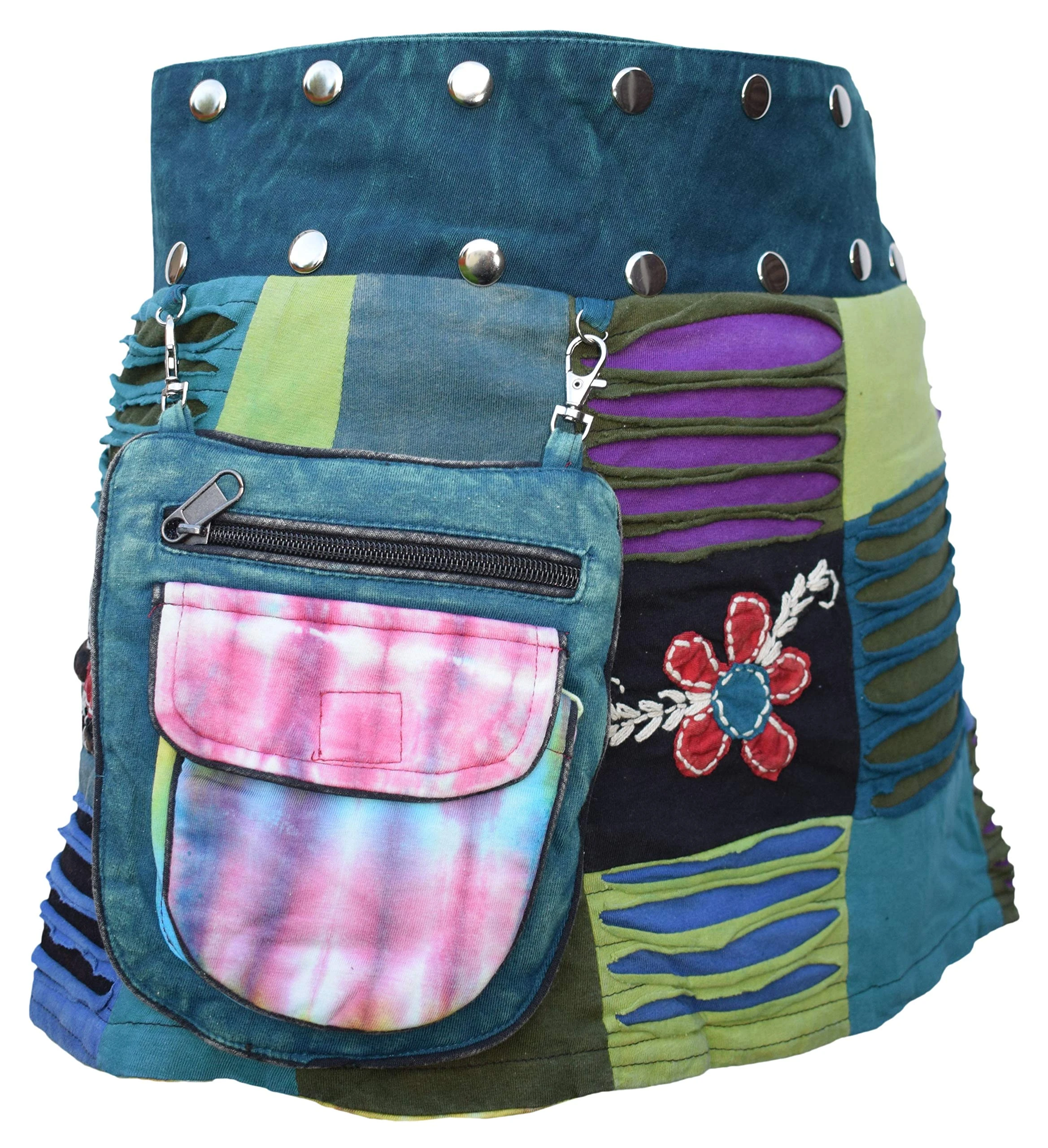 Gheri Womens Reversible Patchwork Cotton Tie Dye Popper Wrap Around Skirt Embroidery Patch