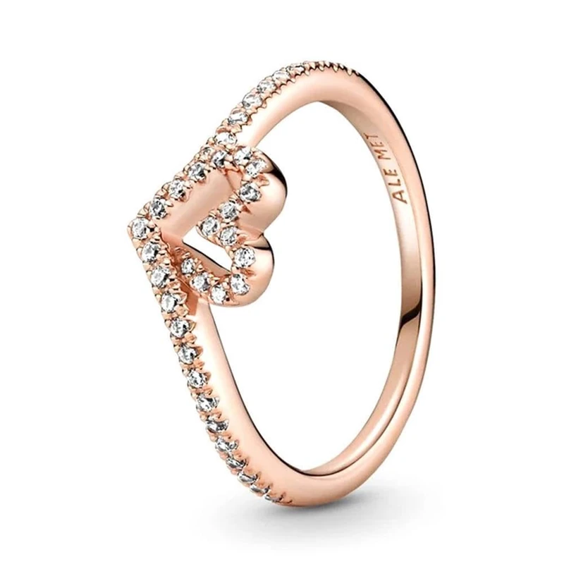Pandora Sparkling Wishbone Heart 14k rose gold-plated ring with clear cubic zirconia, 60
