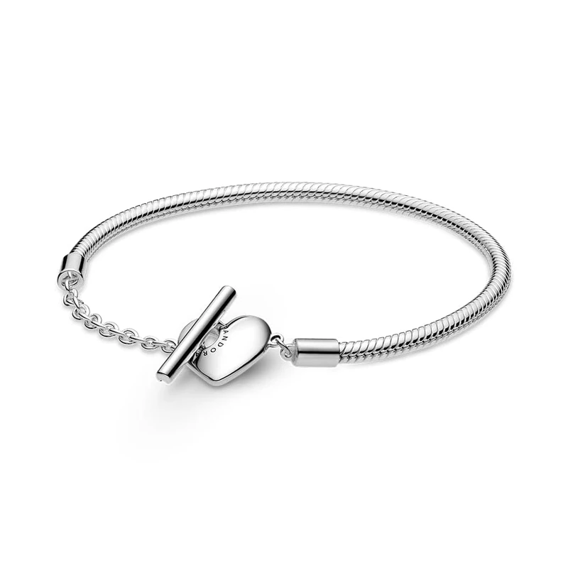 PANDORA Moments Women's Sterling Silver Heart T-Bar Snake Chain Bracelet, Size 19, No Box