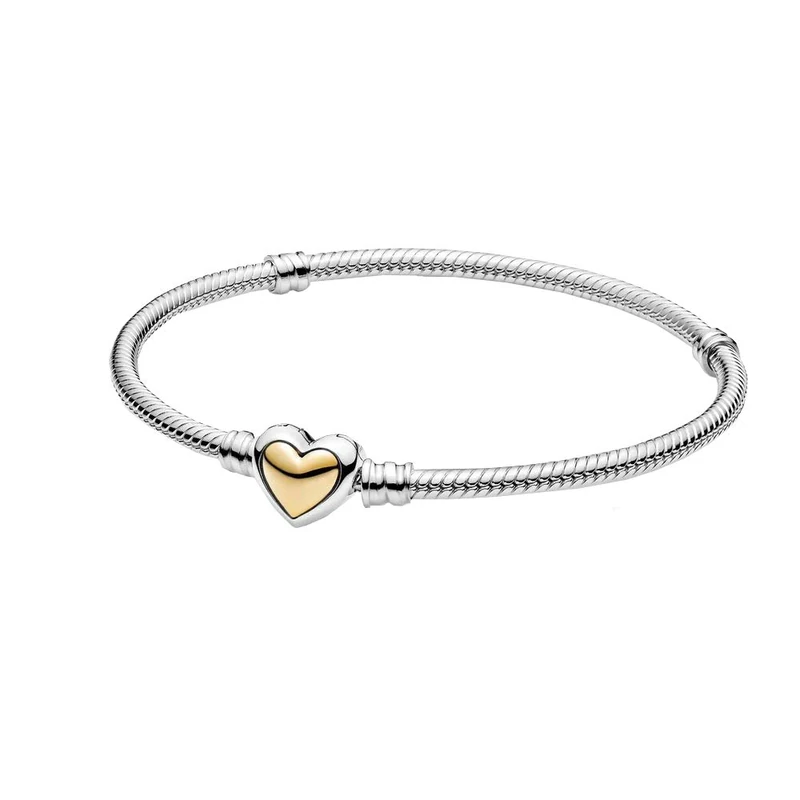 PANDORA Moments Collection Curved Gold Snake Link Bracelet with Bi-Colour (Sterling Silver and 14K Gold) 16cm