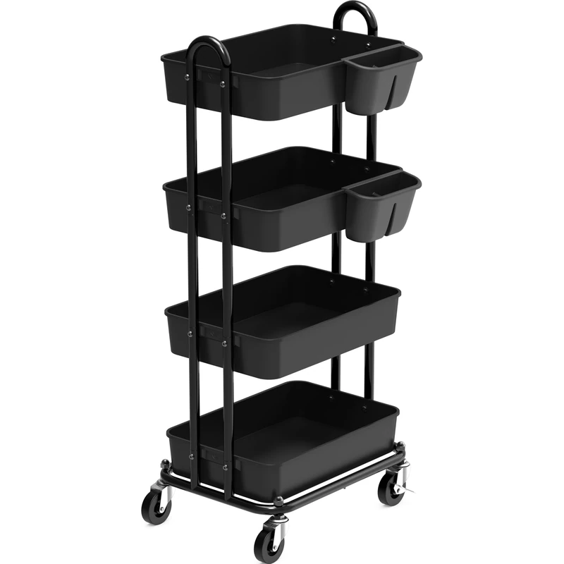 Simple Houseware 4-Tier Multifunctional Rolling Utility Cart with Basket Dividers and Hanging Buckets, Black