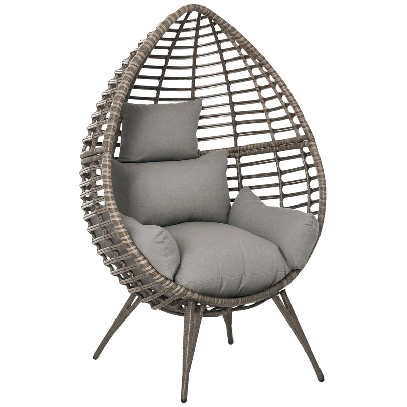 Outsunny Garden Egg Chair, Teardrop Outdoor PE Rattan Chair with Full-body Soft Padded Cushion, Mixed Grey