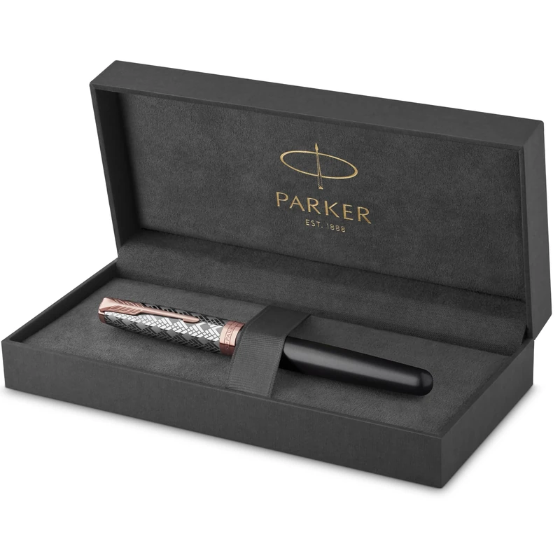 PARKER Sonnet Fountain Pen | Premium Metal and Grey Satin Finish with Rose Gold Trim | Fine 18k Gold Nib with Black Ink Cartridge | Gift Box