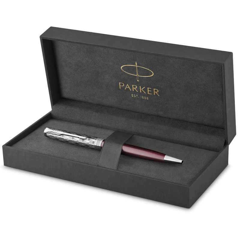 Parker Sonnet Ballpoint Pen | Premium Metal and Red Satin Finish with Chrome Trim | Medium Point with Black Ink Refill | Gift Box