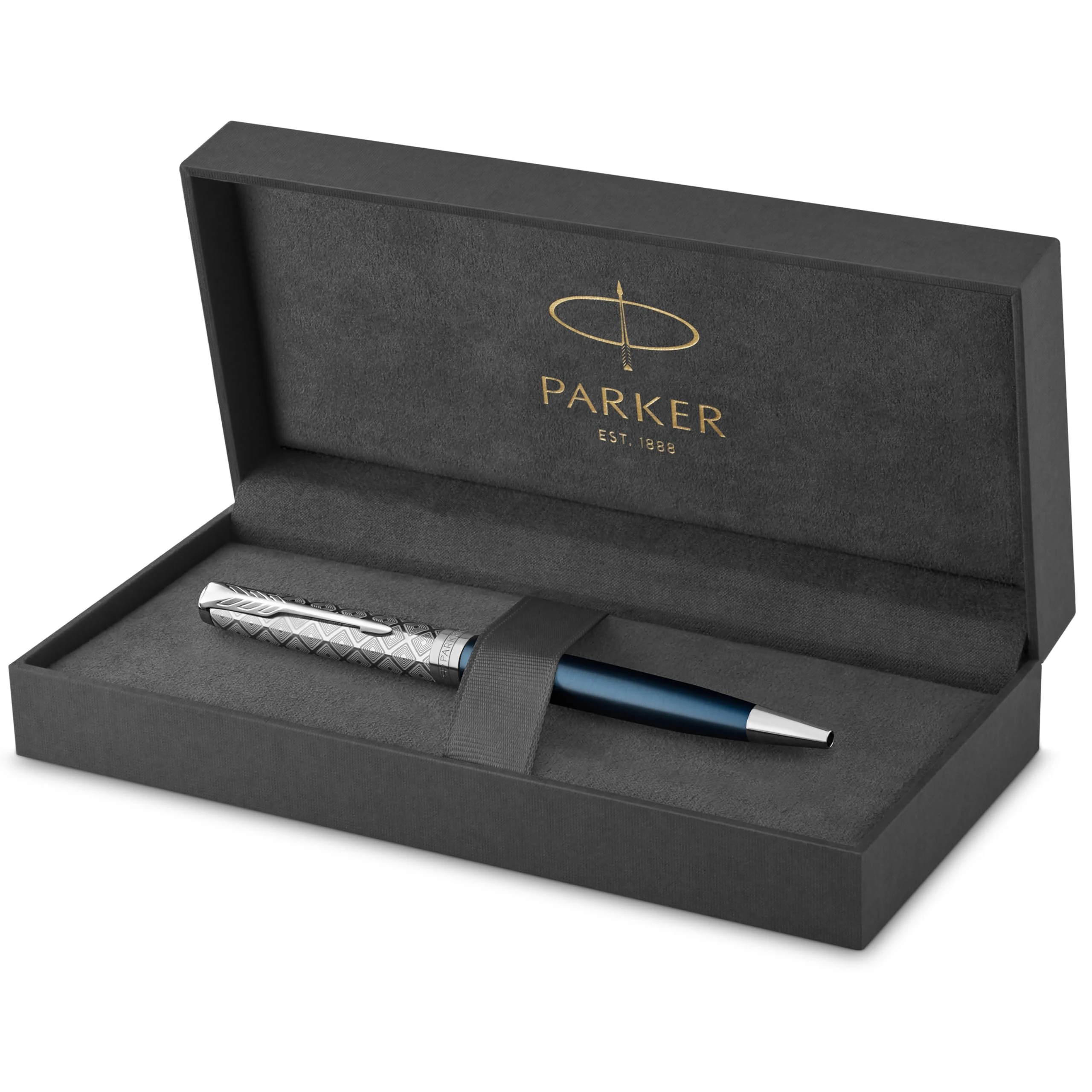 PARKER Sonnet Ballpoint Pen | Premium Metal and Blue Satin Finish with Chrome Trim | Medium Point with Black Ink Refill | Gift Box