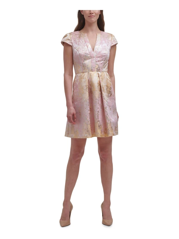 Vince Camuto Women's Jacquard Cap Sleeve Fit and Flare Cocktail Dress, Blush, 14 - Image 1