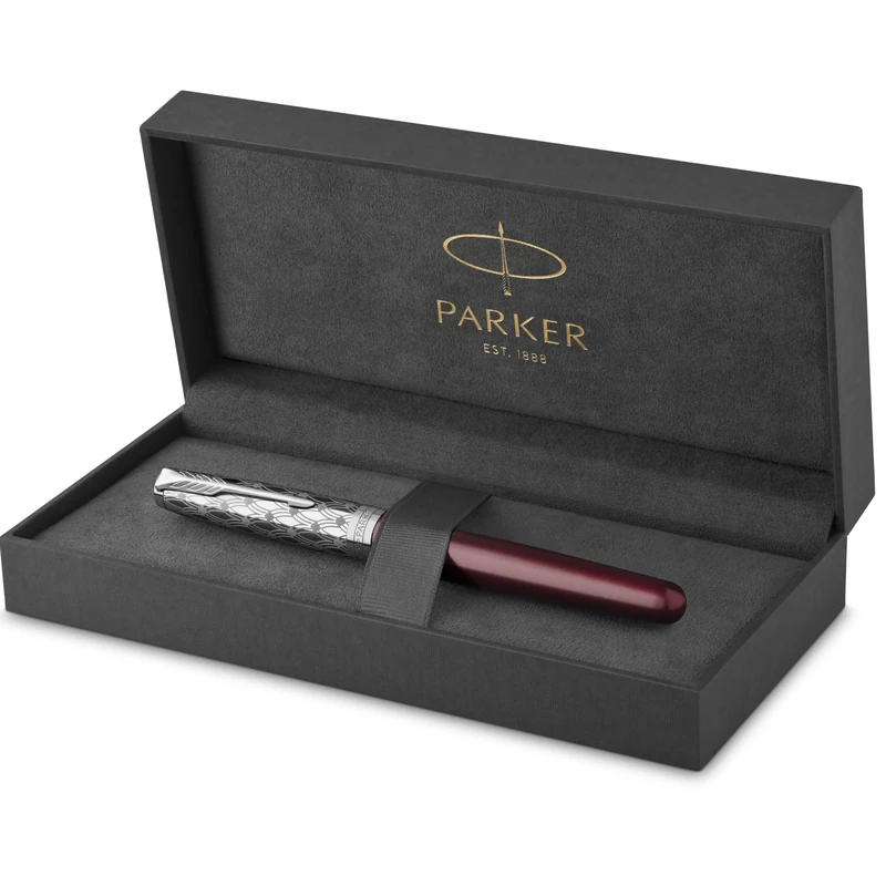 Parker Sonnet Fountain Pen | Premium Metal and Red Satin Finish with Chrome Trim | Fine 18k Gold Nib with Black Ink Cartridge | Gift Box
