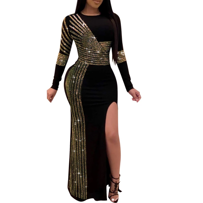 Ranfare Women Long Sleeve Birthday Dresses Sexy hot Diamond Process Sexy Dress Party Club Night Dress…, Golden 8, M - Image 1
