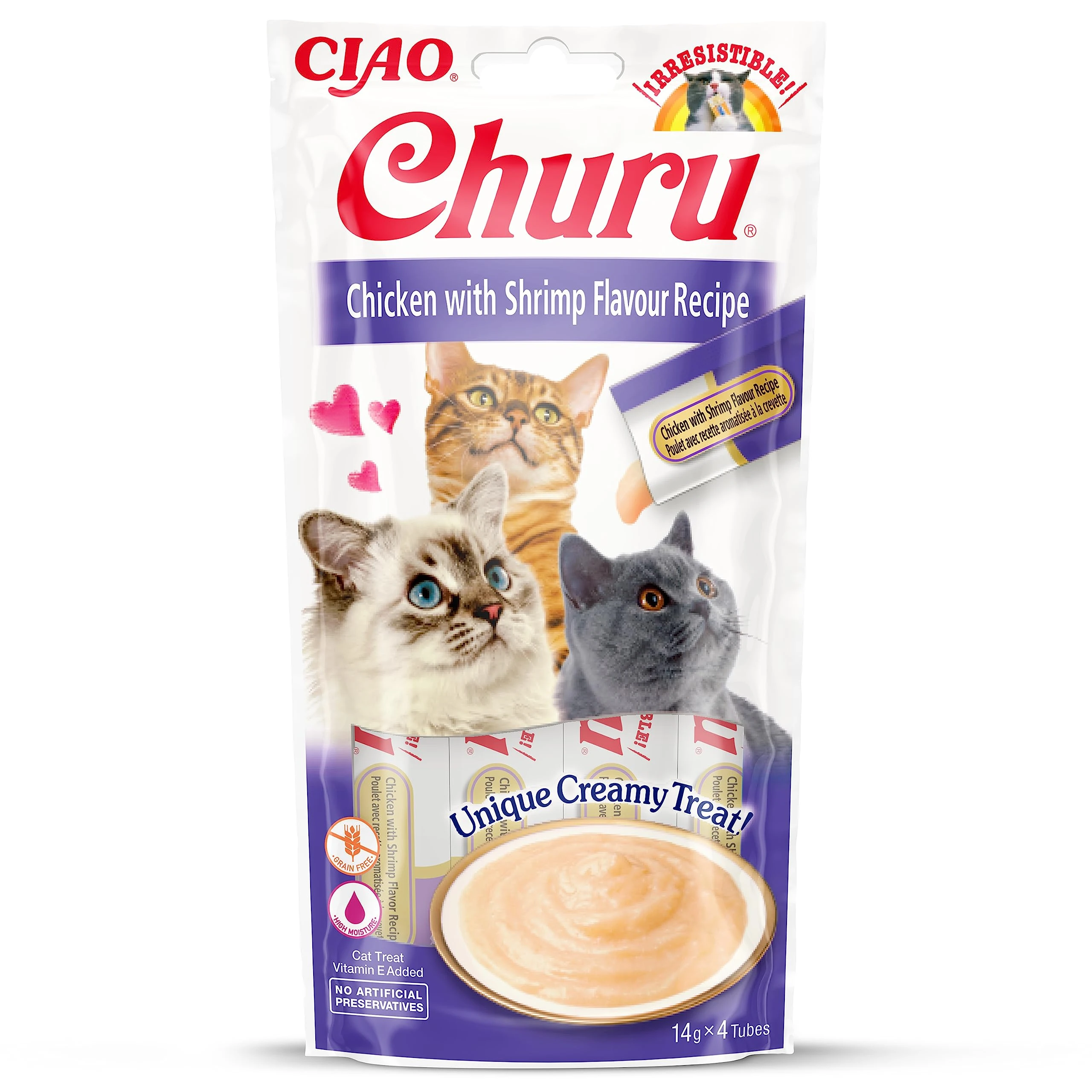 Ciao Churu Sticks by INABA Cat Treat - Chicken & Shrimp Flavour (4 x 14g) / Soft & Creamy Cat Treat, Delicious & Healthy Snack, Purée Food Topper, Pill Assist, Natural, Grain Free