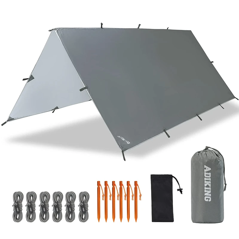 ADIKING Camping Tarp 126 x 118in Waterproof Portable Hammock Tent Tarps Lightweight Anti-UV Rain Shelter For Camping Hiking Outdoor Activities (Gray)