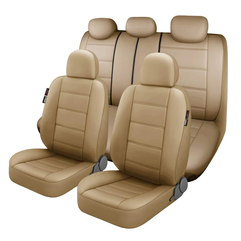P&J AUTO Premium PU Leather Car Seat Cover Full Set in 11pcs Universal Fit for Cars Trucks Vans & SUVs Airbag Compatible Beige