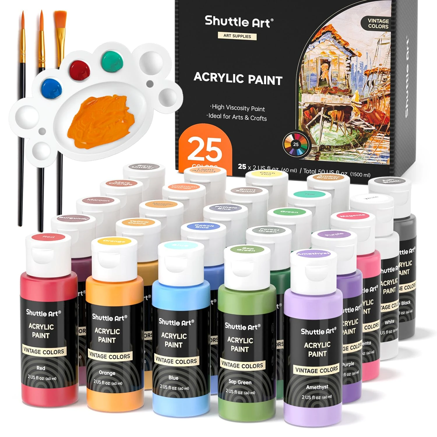 Shuttle Art Acrylic Paint Set, 25 Vintage Colours, 2oz/60ml Bottles, Rich Pigmented, Premium Acrylic Paints for Artists, Beginners and Kids on Rocks Crafts Canvas Wood Ceramic