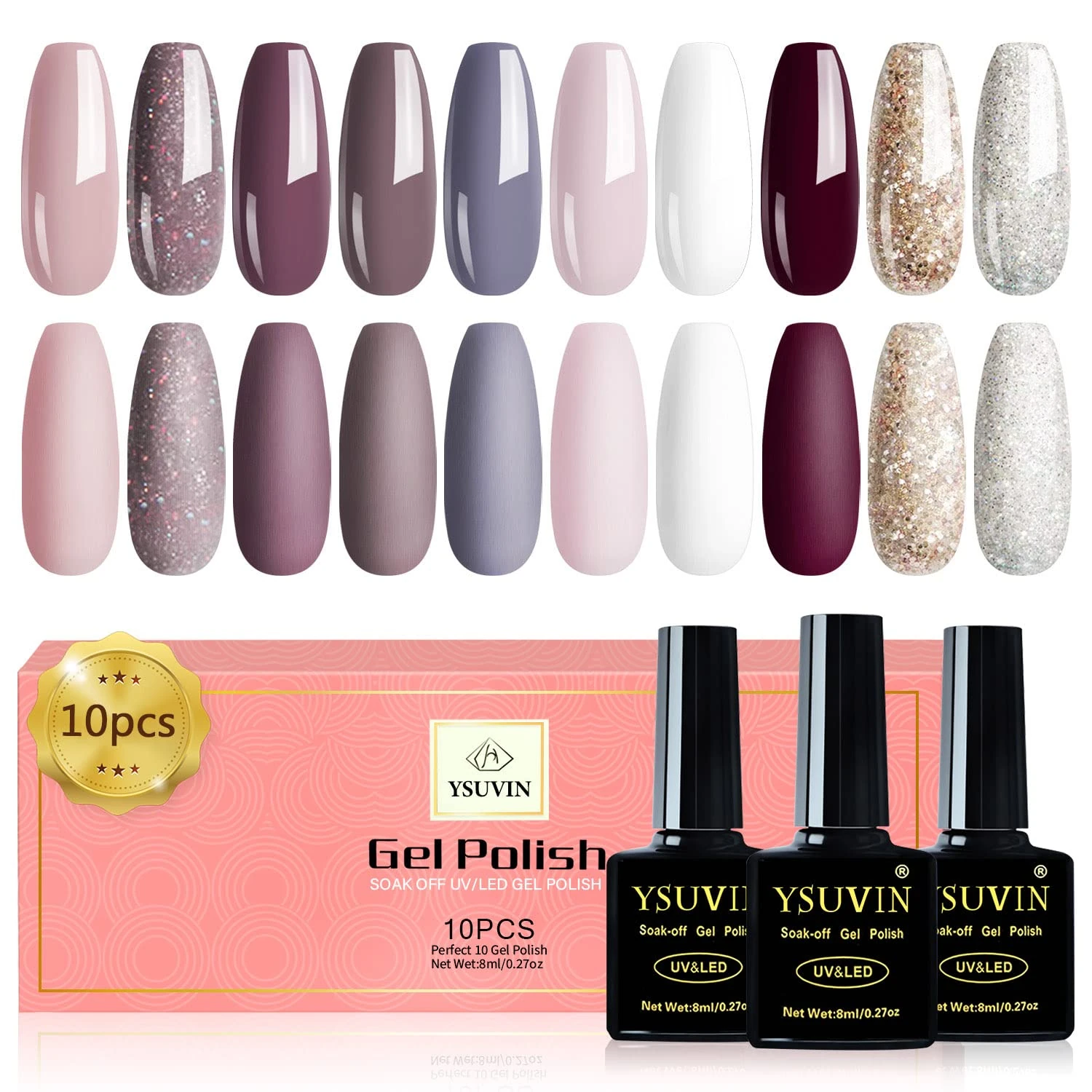 Yueshop Gel Nail Polish Set,10 Colors Nude Gel Polish Nude Pink Brown White Glitter Gold Sliver gel Nail Polish Soak off UV/LED Nude Nail polish Autumn Winter Manicure Set 8ml