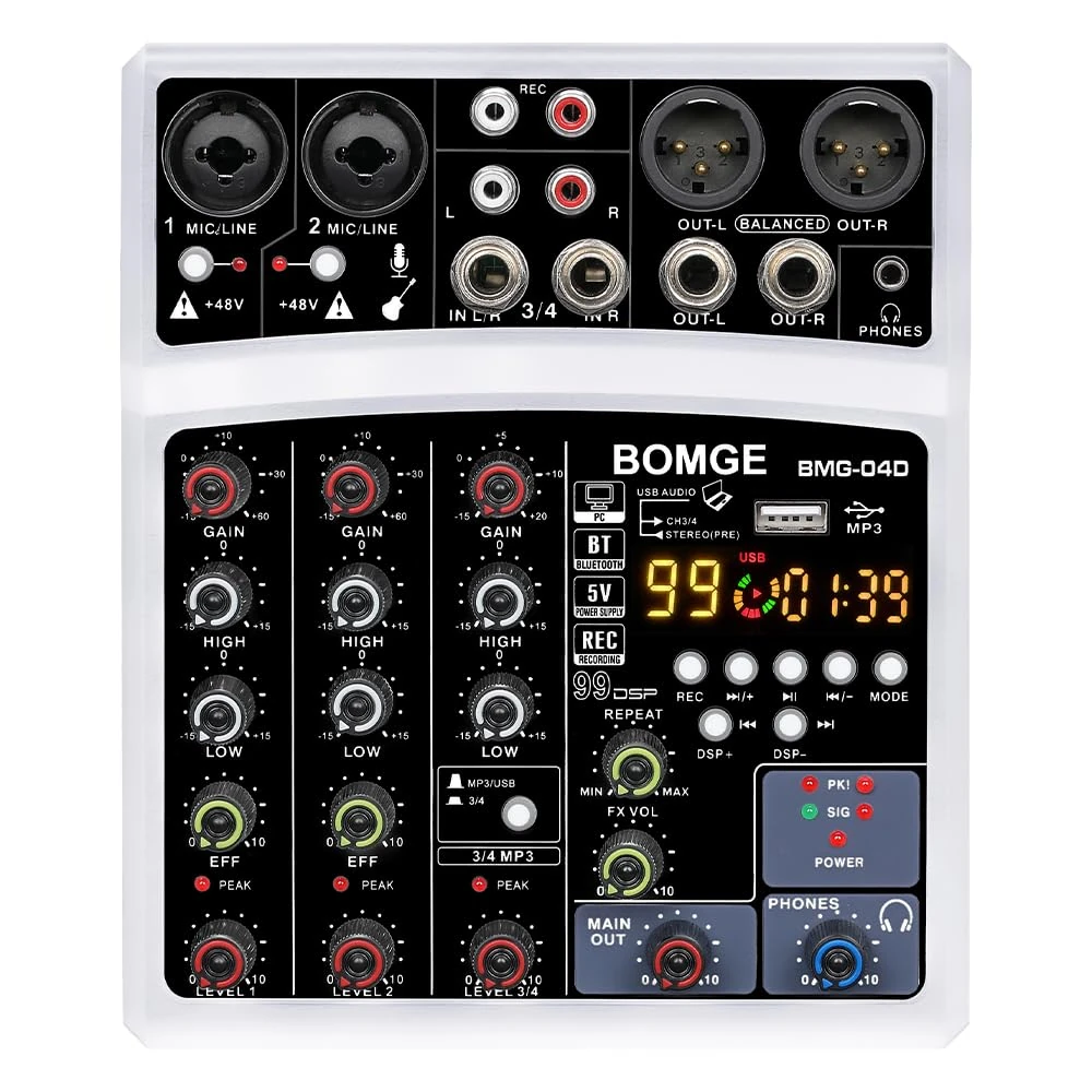 BOMGE 4 channel 16 DSP Echo dj audio sound mixer interface mixing console karaoke with MP3 USB Bluetooth, stereo record(04D-White)