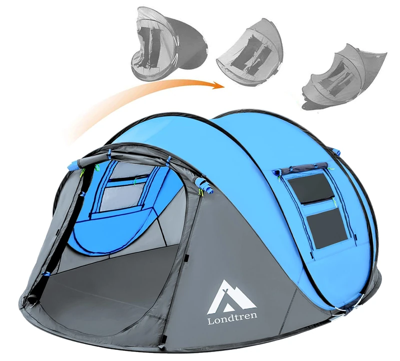 Big Blue Pop Up Tent - 4 Person Waterproof Instant Camping Tent, Easy Up, Four Person, Pop-Up, Big Blue