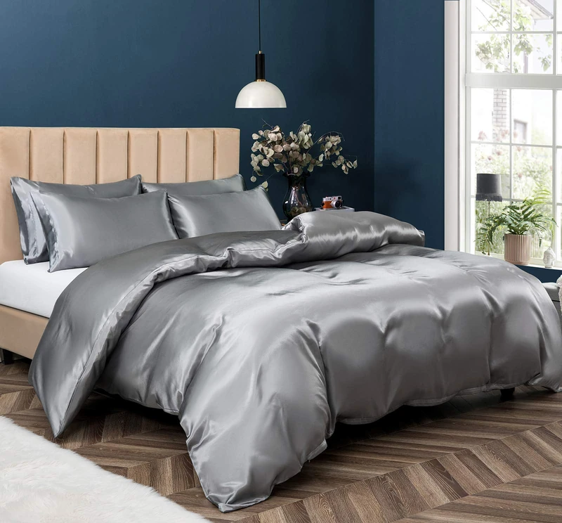 P Pothuiny 5 Pieces Satin Duvet Cover Set with 4 Pillow Cases Full/Queen, Silky Grey with Zipper Closure, 1 Duvet Cover + 4 Pillow Cases (No