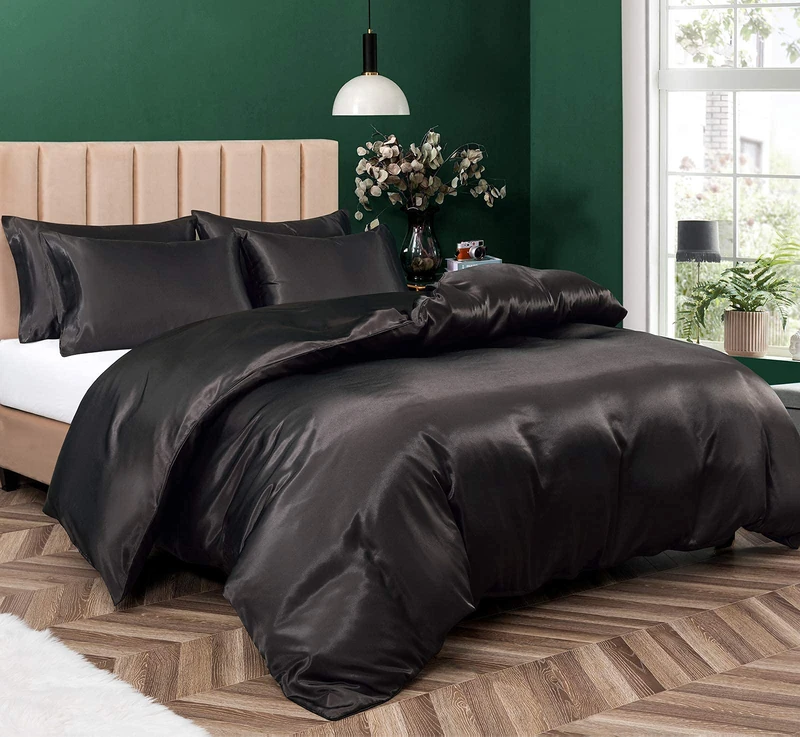Pothuiny 5-Piece Satin Duvet Cover Set, Luxury Silky Black Duvet Cover Bedding with Zipper Closure, Full/Queen Size, 1 Duvet + 4 Pillow Cases