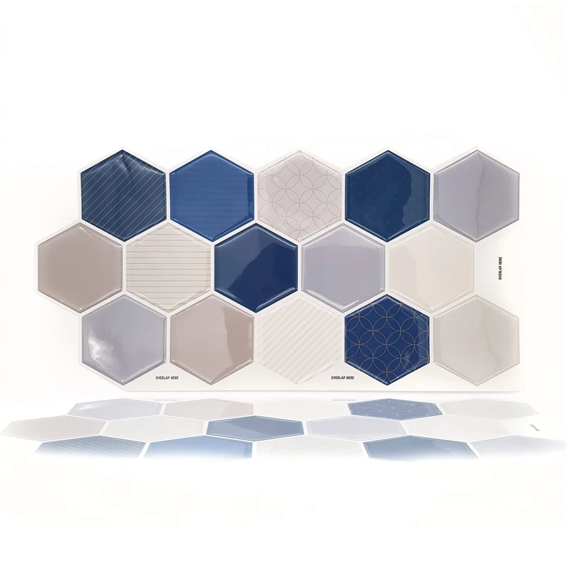 WALPLUS 48 Sheets Honey Hexa Blue and Cream Glossy 3D Hexagonal Tile Stickers 30x15cm Wall Splashbacks Vinyl Stick on Tiles Backsplash Peel and Stick Bathroom Kitchen Decor Tile Paint