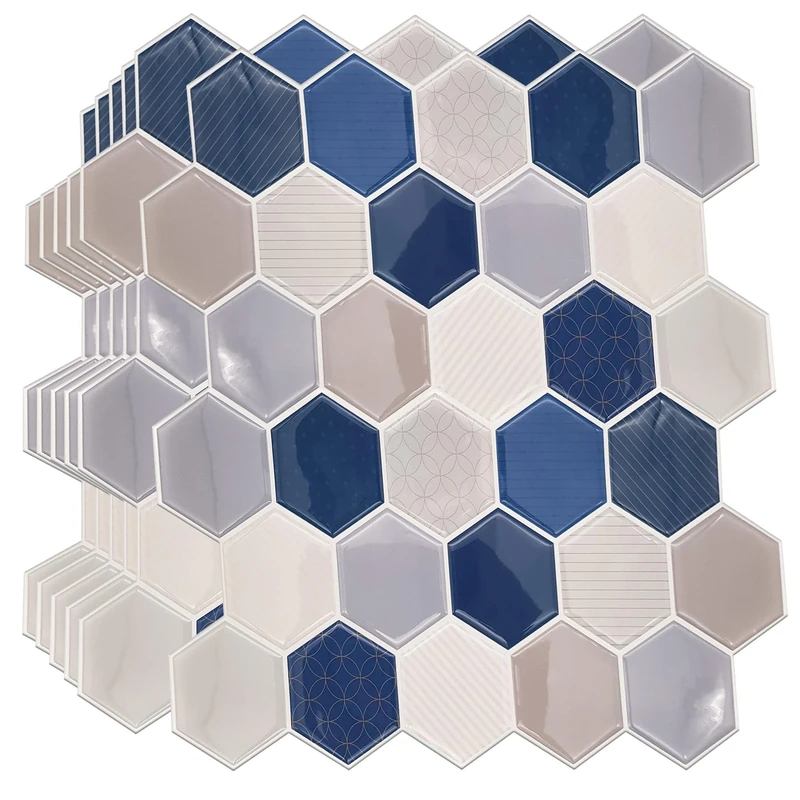 WALPLUS 36 Sheets Honey Hexa Blue and Cream Glossy 3D Hexagonal Tile Stickers 30x15cm Wall Splashbacks Vinyl Stick on Tiles Backsplash Peel and Stick Bathroom Kitchen Decor Tile Paint
