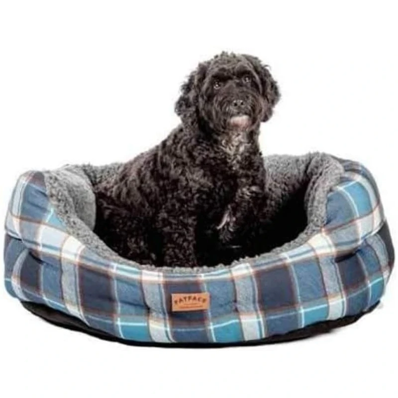 Fatface Grey Fleece Blue Check Sustainable Recycled Fibre Deluxe Soft Dog/Puppy Slumber Bed 24 Inch