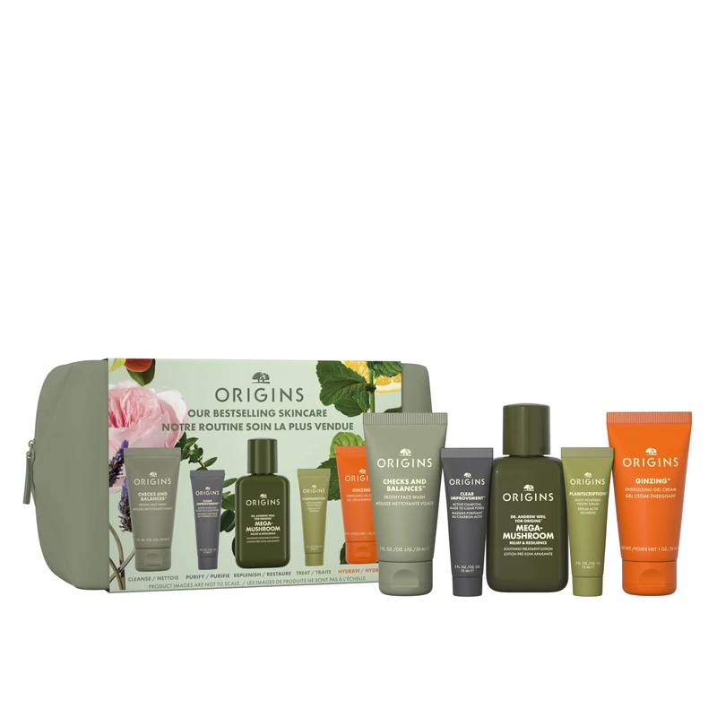 Origins Best Sellers Set by Origins for Women - 5 Pc 1oz Checks Face Wash, 3.8oz Lotion, 0.5oz Clear Charcoal Face Mask,1.62oz Serum, 1.69oz Moisturizer - Image 1