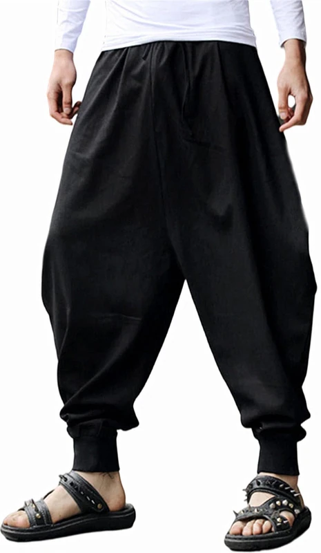 AITFINEISM Men's Drawstring Aladdin Hippie Harem Pants Loose Drop Crotch Trousers, Black-2, Large