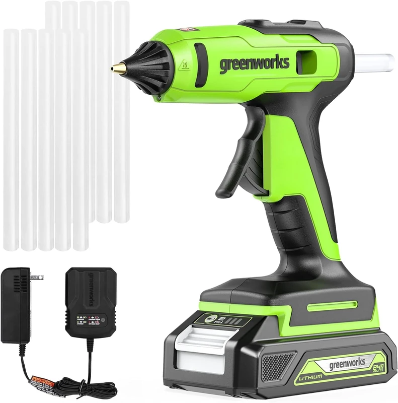 Greenworks 24V Cordless Hot Glue Gun, Heats Up Fast in 90 Seconds, LED Light, Anti-Drip Nozzle, with 2Ah Battery & Charger