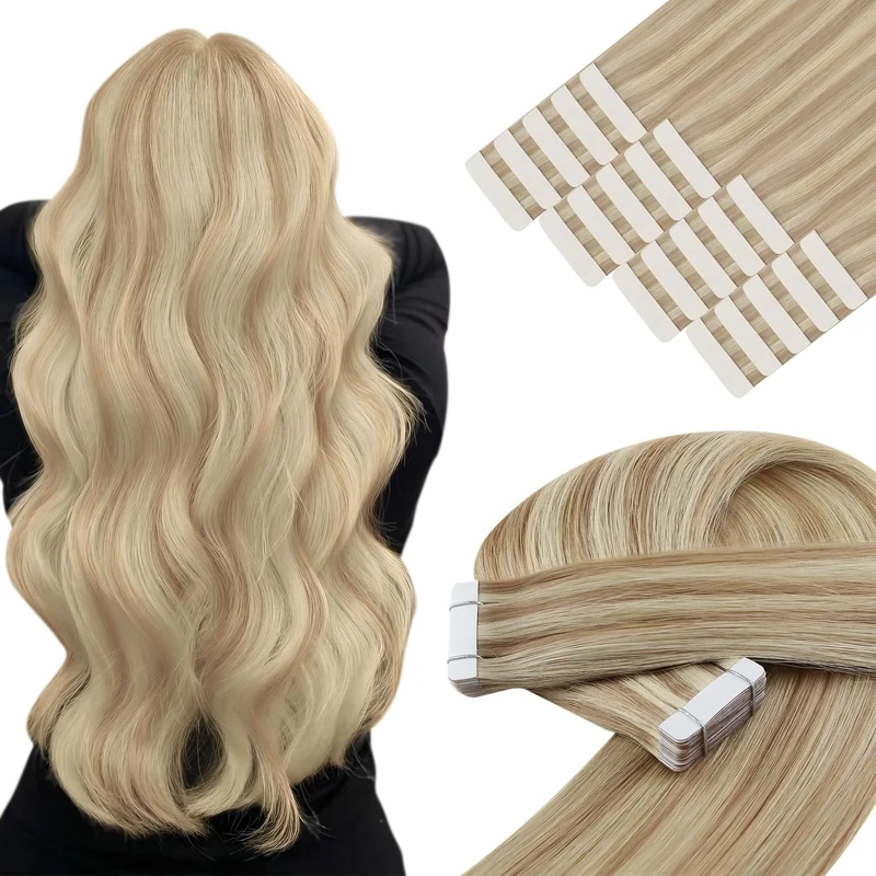 YoungSee Tape in Hair Extensions Human Hair Highlight Tape ins Human Hair Extensions for Long Hair Highlight Light Blonde Mix Strawberry Blonde Long-Lasting 24In 20pcs 50g