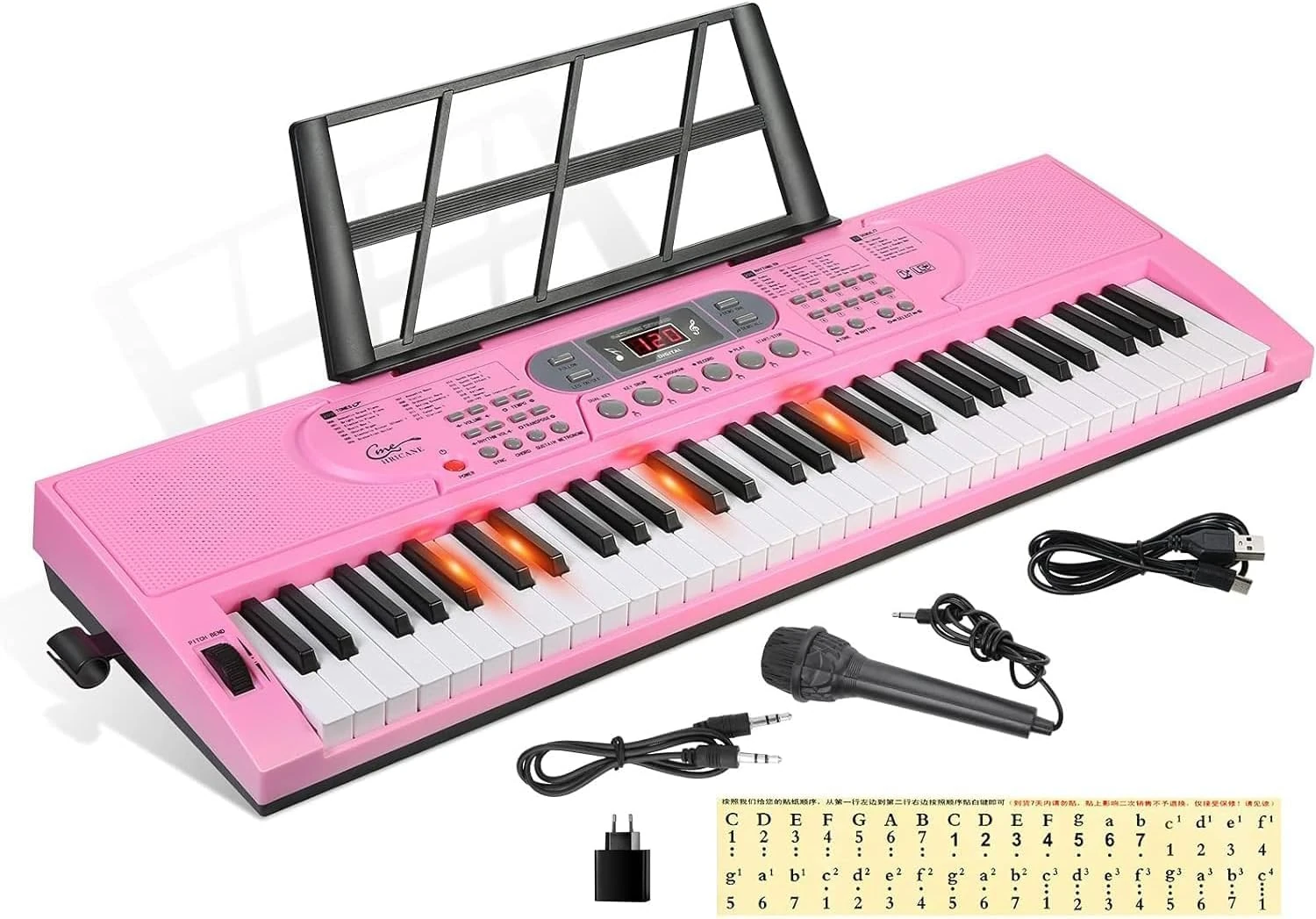 Hricane 61 Keys Piano Keyboard with Microphone Piano Note Sticker Power Supply Music Stand Electronic Digital Keyboard Gift for Beginners Boys Girls Lovers Girlfriend Friends (Glowing style-Pink)