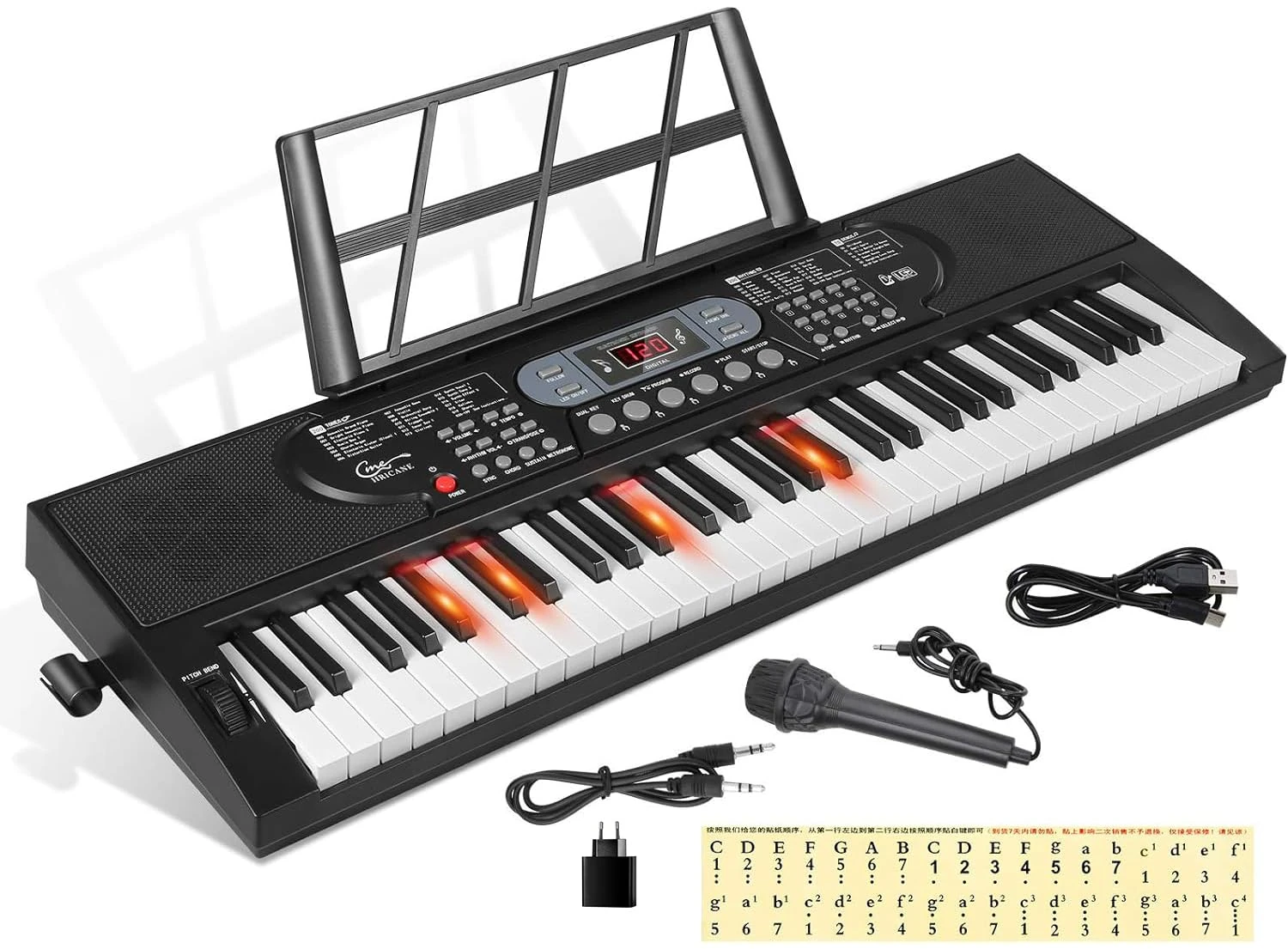 Hricane 61 Keys Piano Keyboard with Microphone Piano Note Sticker Power Supply Music Stand Electronic Digital Keyboard Gift for Beginners Boys Girls Lovers Girlfriend Friends (Glowing style-Black)