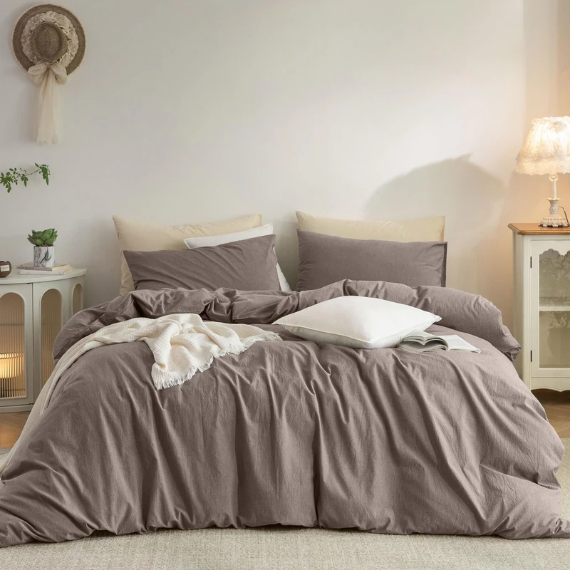 ELIMMO Queen Duvet Cover - 3 Piece 100% Washed Cotton Linen Feel Bedding Set, All Season Durable Breathable Comfy Minimalist, Mauve Brown 90" X 90"