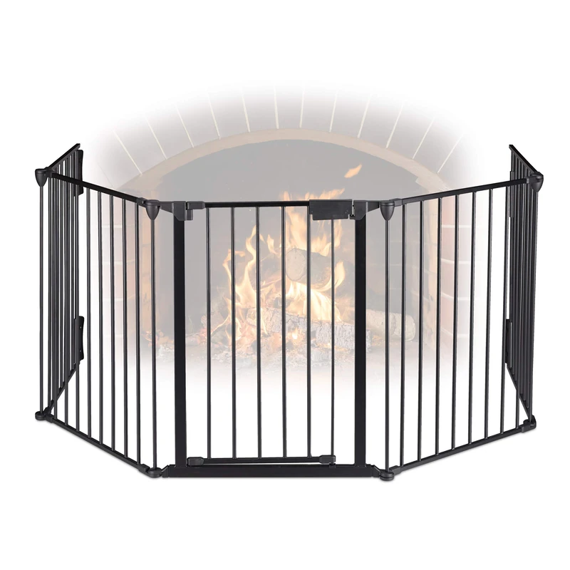 Relaxdays Fireplace Guard, 5 Panels, HxW Each 75 x 60 cm, with Door, Child Protection, Fireside Barrier, Steel, Black