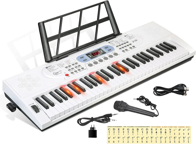 Hricane 61 Keys Piano Keyboard with Microphone Piano Note Sticker Power Supply Music Stand Electronic Digital Keyboard Gift for Beginners Boys Girls Lovers Girlfriend Friends (Glowing style-White)