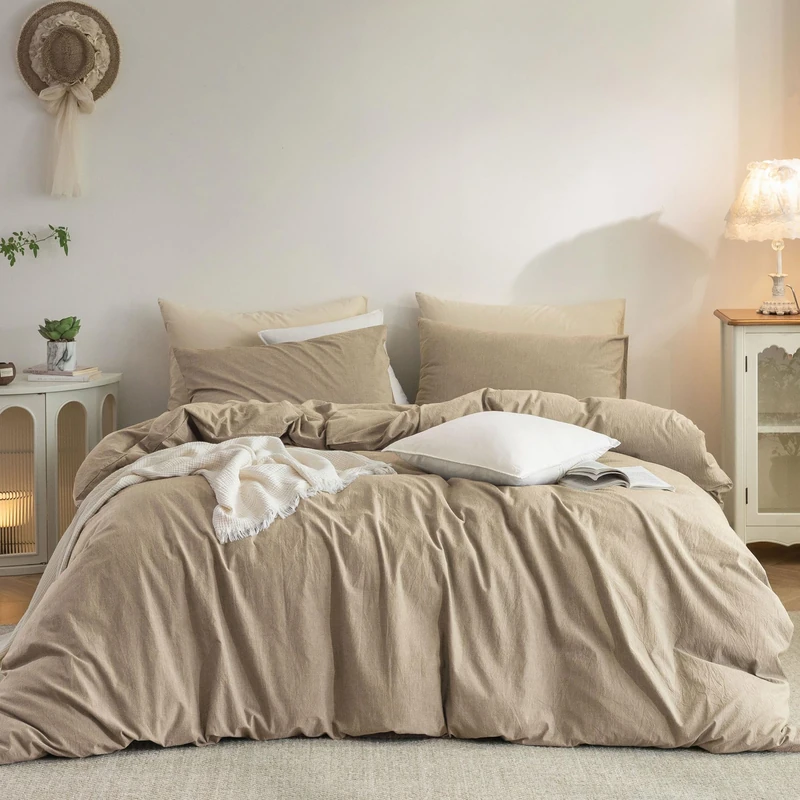 Elimmo Duvet Cover King : 100% Washed Cotton Linen Like Comfy