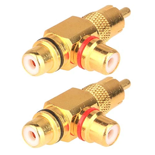 Gebildet 2 Pcs 90 Degree Right Angle RCA Splitter, 1RCA Male to 2RCA Female AV Splitter Adapter Connector, Gold Plated (1 to 2 Way)