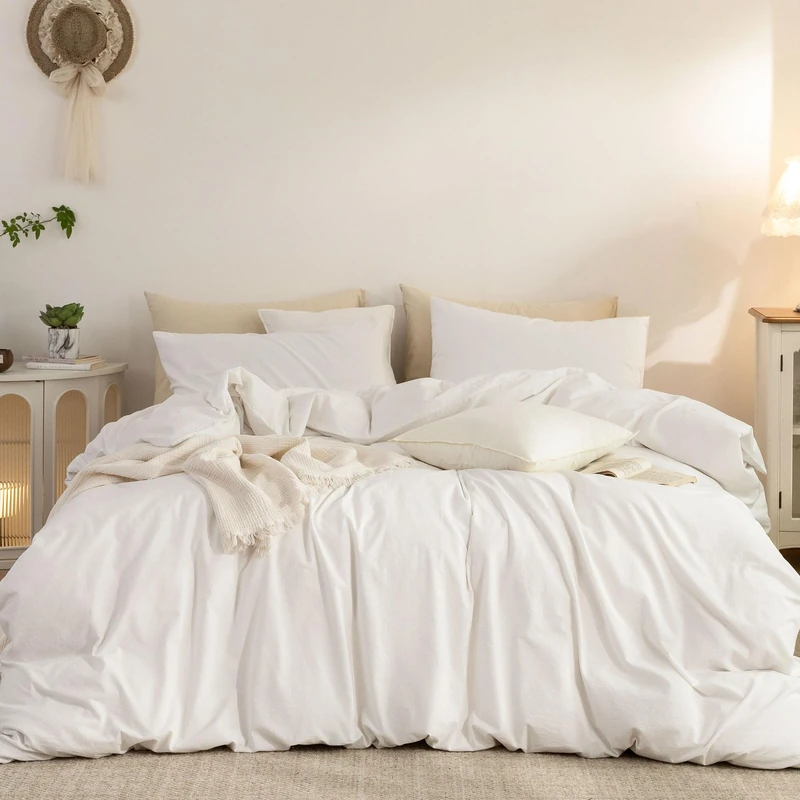 Elimmo Duvet Cover Queen : 100% Washed Cotton Linen Like Comfy