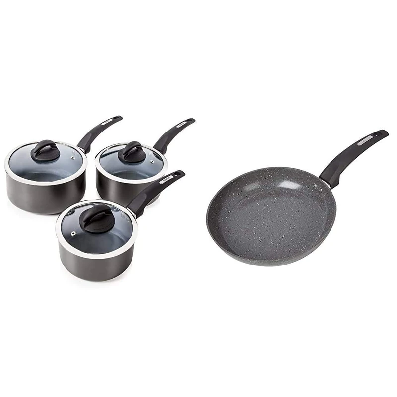 Tower Cerasure Non Stick Induction Saucepans Sets with Lids, Graphite, 3 Piece Set, 16/18/20 cm & Cerastone Induction Frying Pan Non-Stick Ceramic Coating, Forged Aluminium, Graphite, 24 cm - Image 1